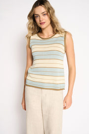 Solene Stripe Tank in Soft Aqua by Little Lies — front half-body view of sleeveless knit tank with soft aqua, cream and tan horizontal stripe pattern and scoop neckline, styled with cream wide-leg trousers, shop in Australia at Kat and Ko Clothing