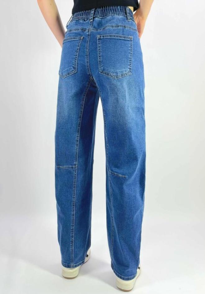 Country Denim Orlando Barrel Jeans Denim Blue — back view of mid-wash blue wide-leg barrel jeans showing elasticated waistband, back patch pocket and panel seam detail, shop in Australia at Kat and Ko Clothing