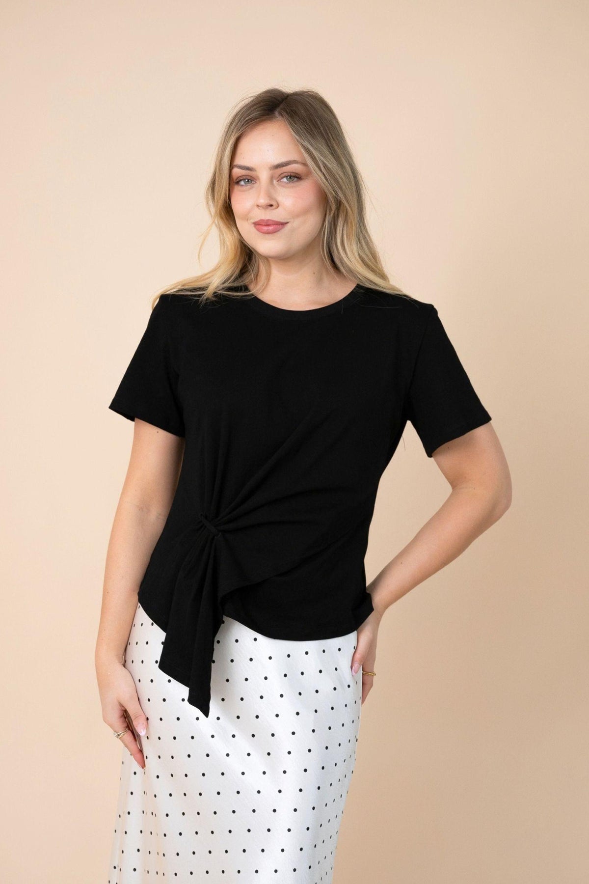 Ellery Tee Fria The Label — elevated everyday black tee with a flattering asymmetrical hem, product view, shop in Australia at Kat and Ko Clothing