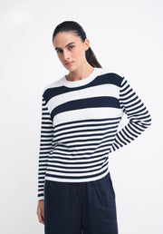 Constance Knit in Stripe by Little Lies — front view of navy and white stripe 100% cotton knit top with crew neck and long sleeves, styled with navy wide-leg pants, available in Australia at Kat and Ko Clothing