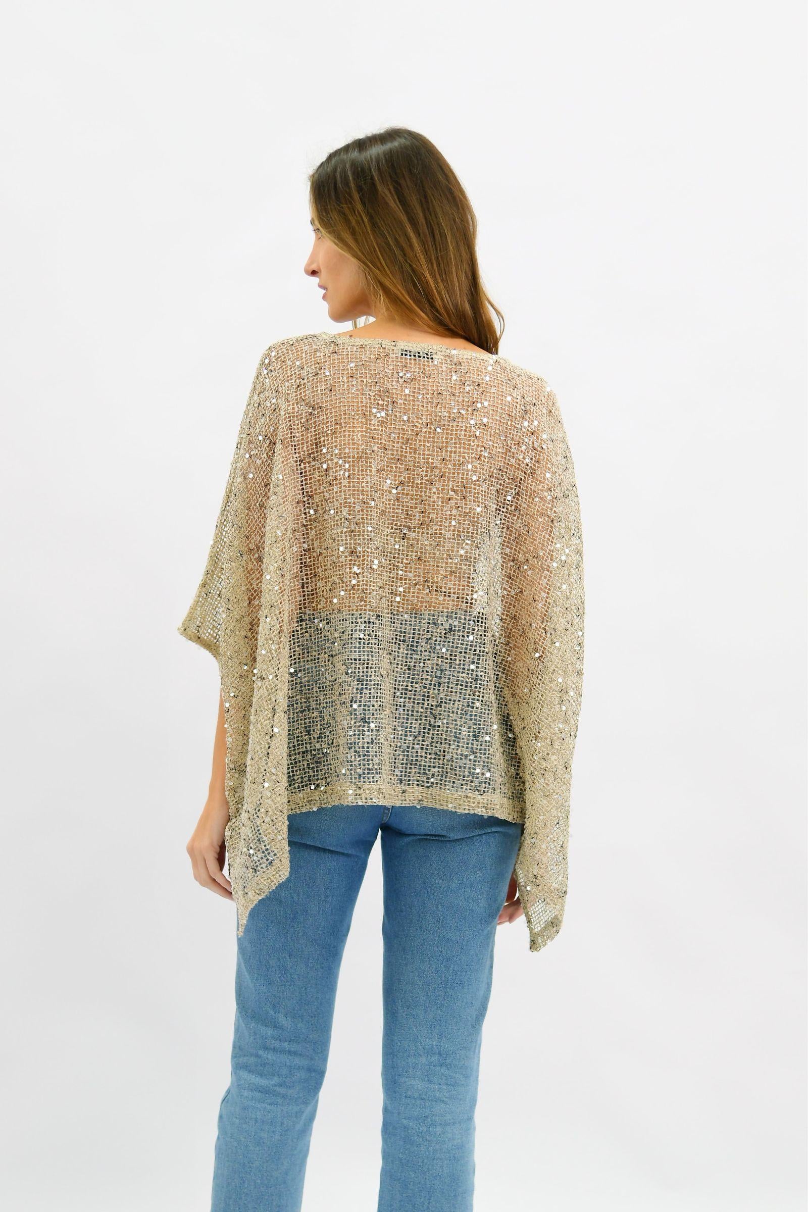 Golden Hour Sequin Top by Worthier — back view of the beige all-over sequin oversized poncho top showing the full batwing drape and sheer mesh construction, available in Australia at Kat and Ko Clothing