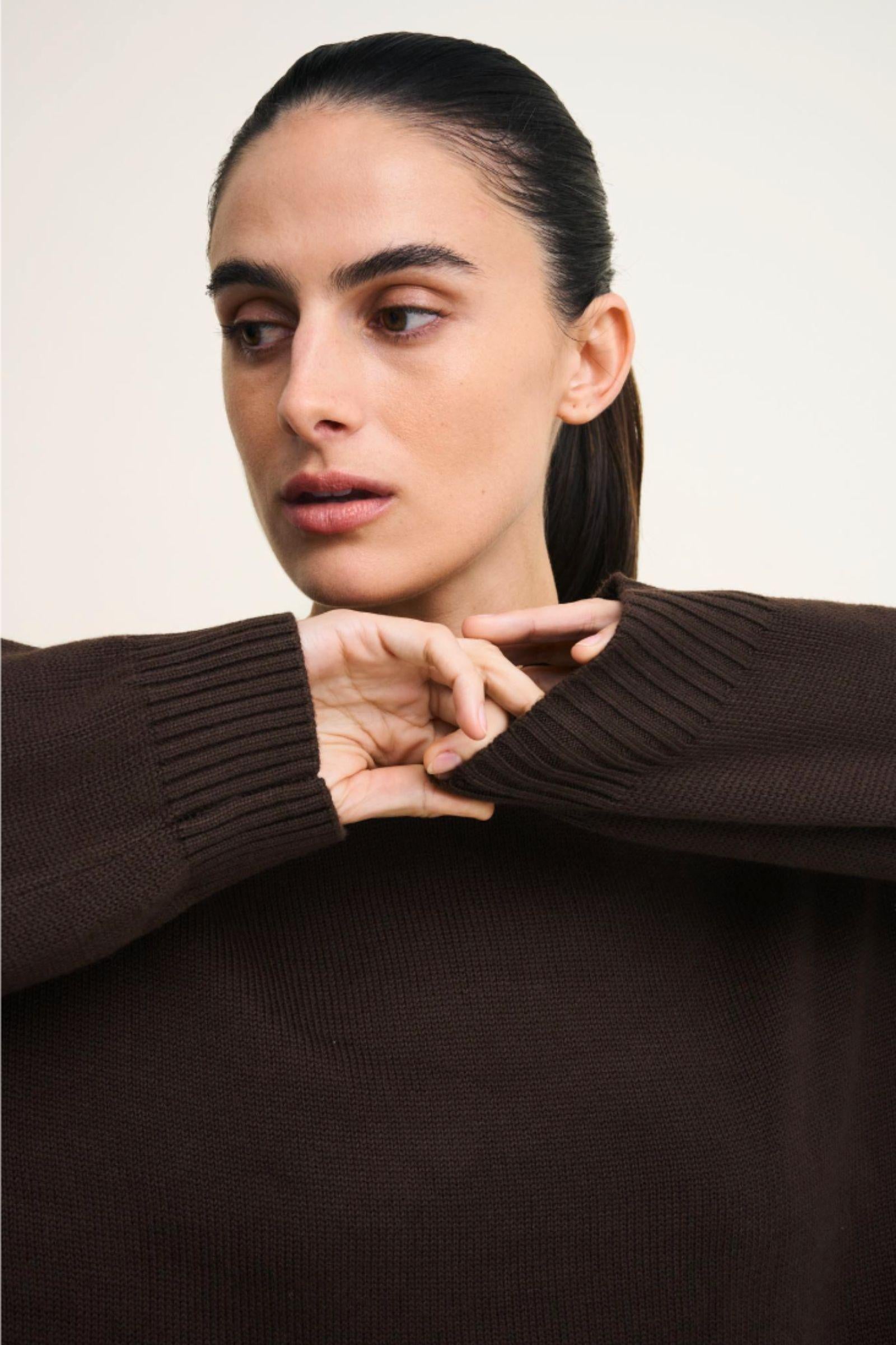 Little Lies Victoria Jumper Chocolate — close-up detail of chocolate brown knit jumper showing ribbed cuff and fine knit texture, shop in Australia at Kat and Ko Clothing