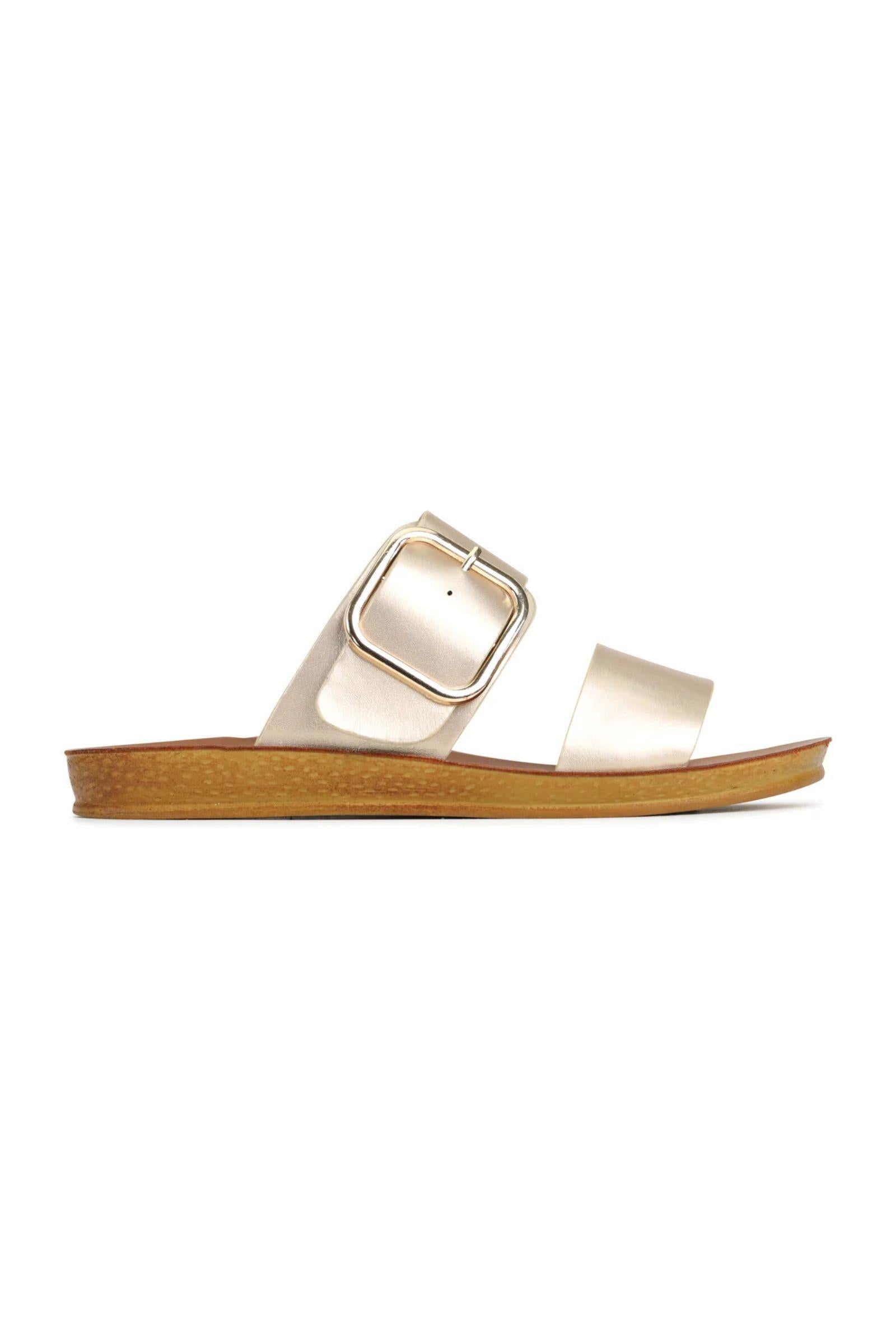 Doti Slide in Soft Gold by Los Cabos — side view highlighting the metallic soft gold finish and buckle