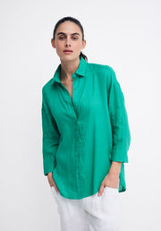 Boyfriend Shirt - Teal by Little Lies — front view buttoned up, styled with white pants, available in Australia at Kat and Ko Clothing