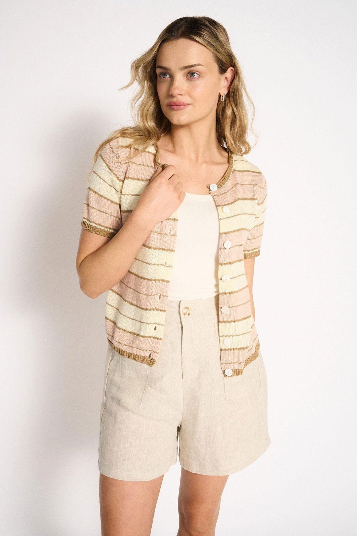 Solene Stripe Button Top Little Lies — full-length view of dusty pink striped short sleeve top styled with cream shorts, shop in Australia at Kat and Ko Clothing