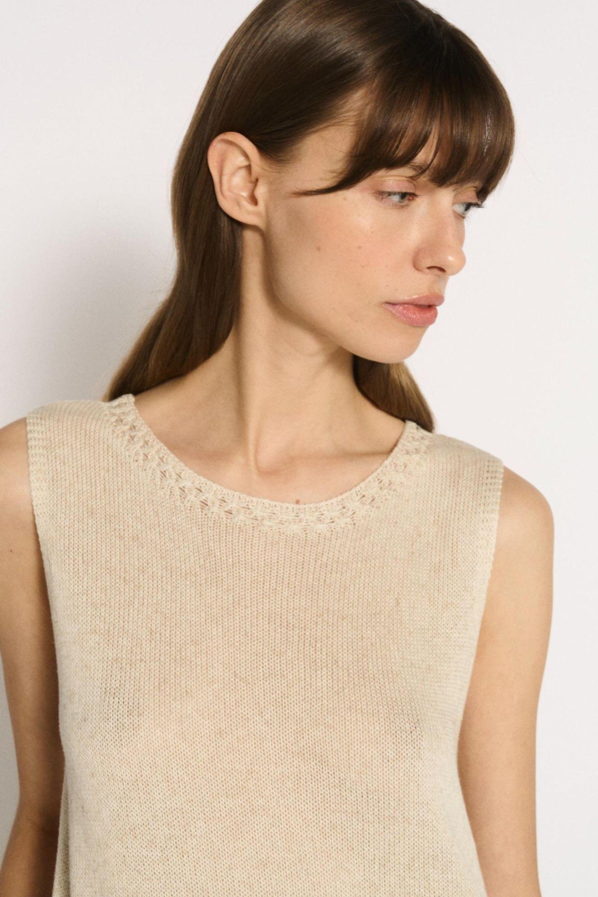 Little Lies Olivia Trim Tank in Natural side profile showing the trim neckline