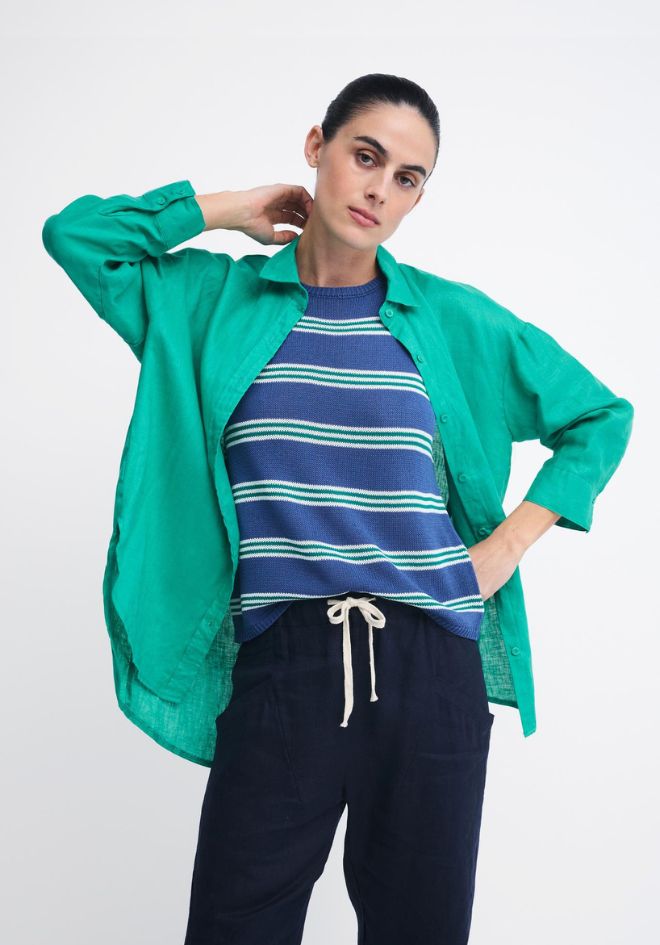 Little Lies Boyfriend Shirt in Teal — worn open over the Stripe Spring Tank, styled with navy pants, shop in Australia at Kat and Ko Clothing