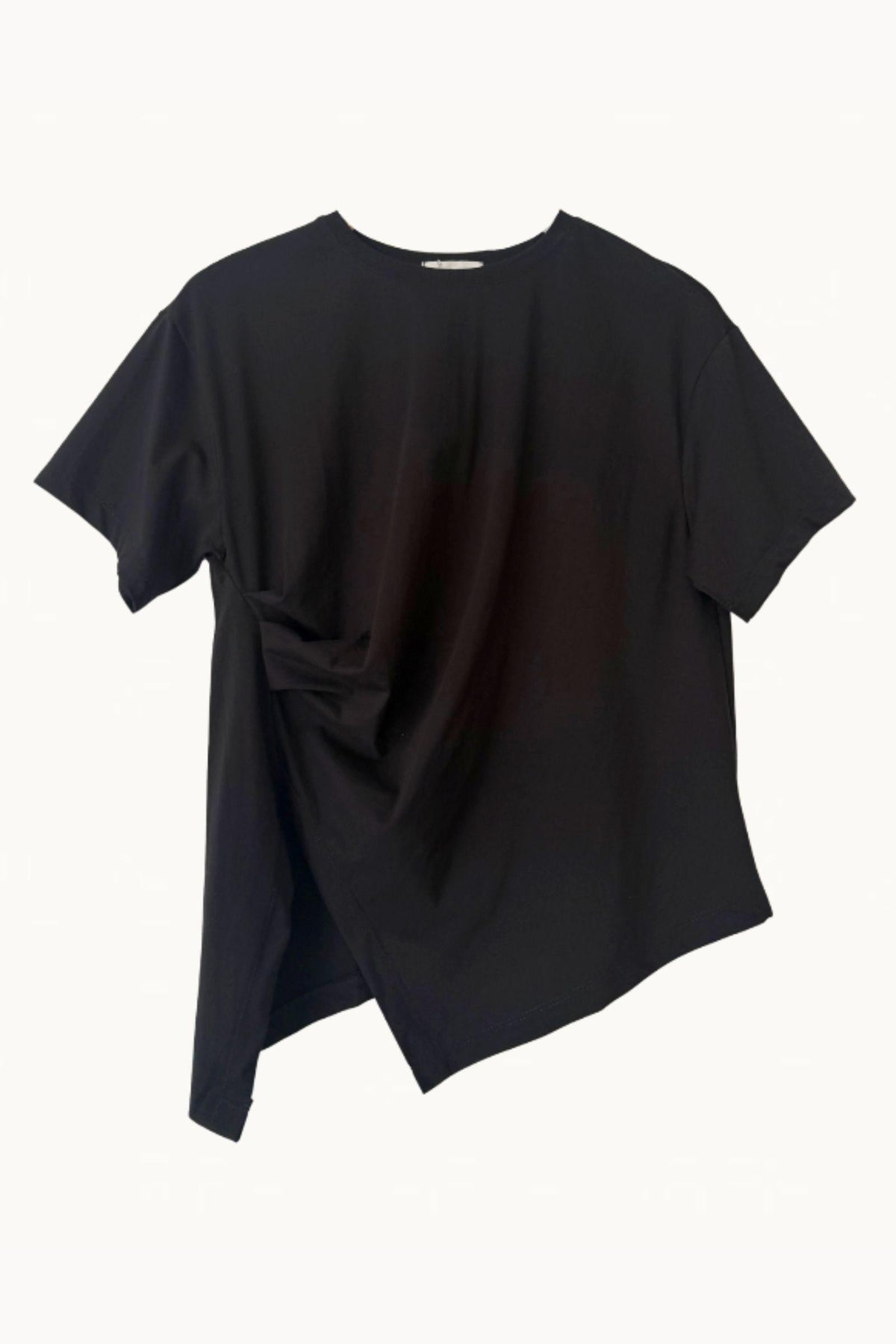 Little Lies Ruched Jersey Tee — black short-sleeve tee with ruched side detailing and a draped hem shown on a plain background, available in Australia at Kat and Ko Clothing.