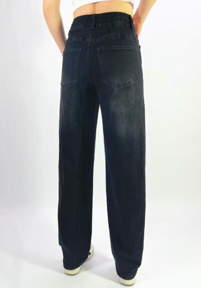 Country Denim Orlando Barrel Jeans Black — back view of black wide-leg barrel jeans showing elasticated waistband, back patch pockets and panel seam detail, shop in Australia at Kat and Ko Clothing