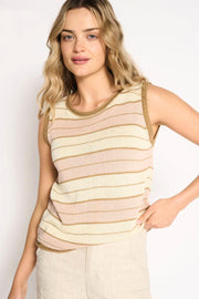 Solene Stripe Tank by Little Lies — front view of dusty pink and cream striped sleeveless knit tank, styled with cream pants, shop in Australia at Kat and Ko Clothing