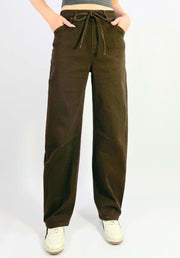 Orlando Barrel Jeans in Chocolate by Country Denim — front view of chocolate brown wide-leg barrel jeans with elasticated drawstring waist and side pockets, styled with white sneakers, available in Australia at Kat and Ko Clothing