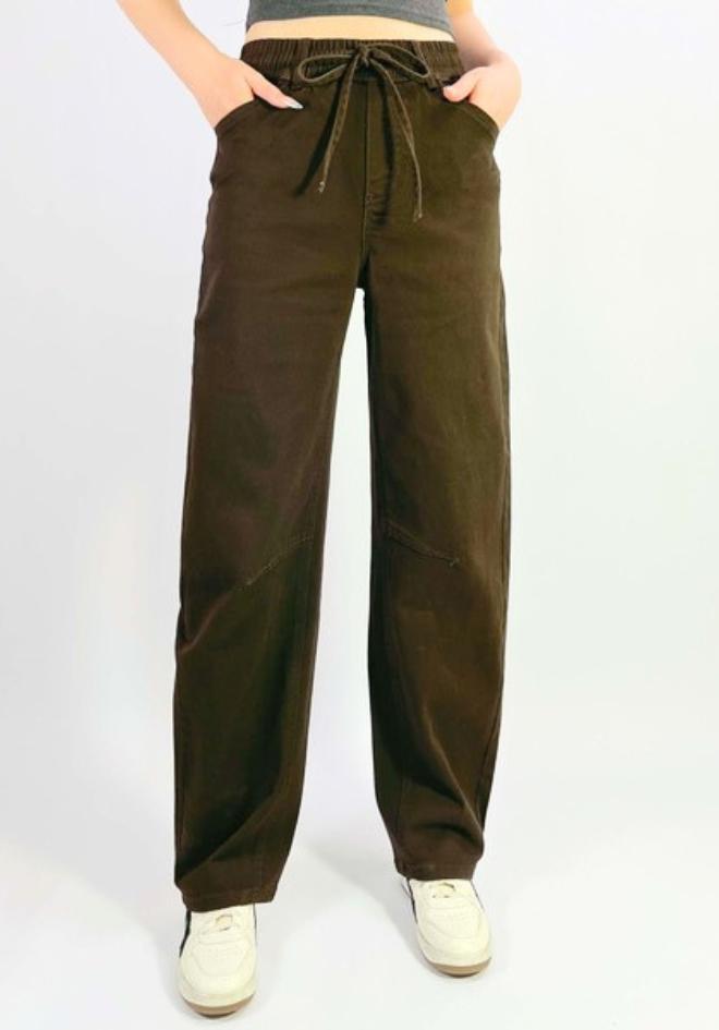 Orlando Barrel Jeans in Chocolate by Country Denim — front view of chocolate brown wide-leg barrel jeans with elasticated drawstring waist and side pockets, styled with white sneakers, available in Australia at Kat and Ko Clothing