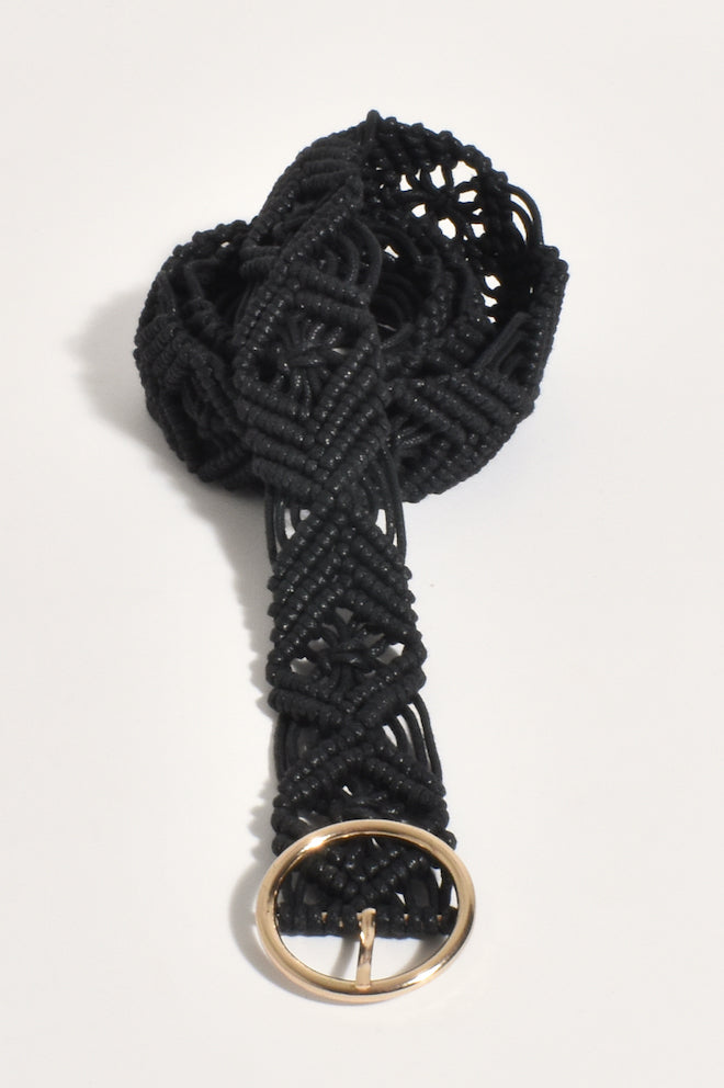 Macrame Metal Ring Belt - Black