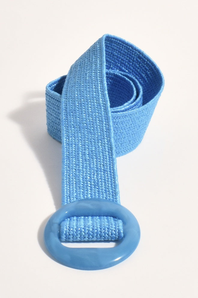 A light blue belt with a resin buckle, displayed on a plain background.