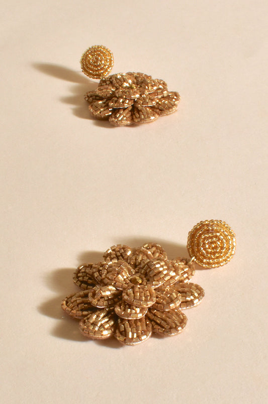 Hand Beaded Flower Earrings - Gold