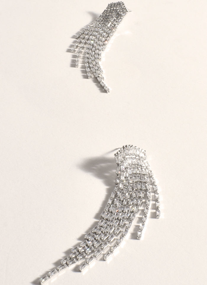 Silver Baguette Waterfall Earrings by Adorne