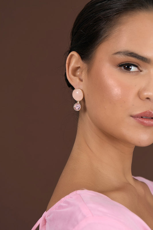 Stone Glass Mid Drop Earrings - Pink