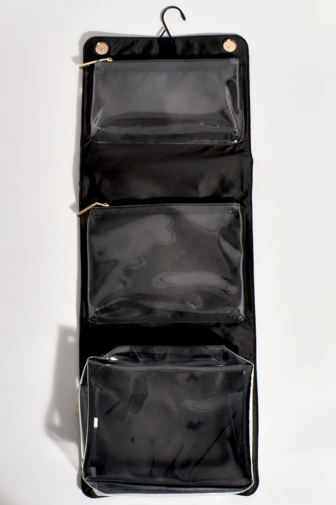 Adorne Morgan Roll Up Cosmetics Bag — interior view of black roll-up cosmetics organiser