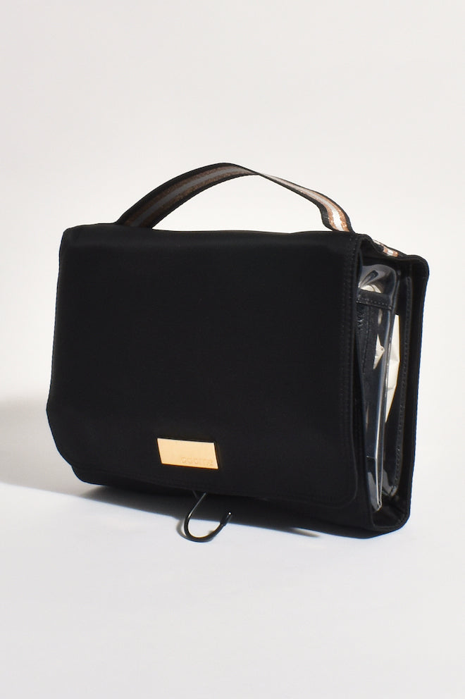 Morgan Roll Up Cosmetics Bag by Adorne — black roll-up travel toiletry bag with organised compartments