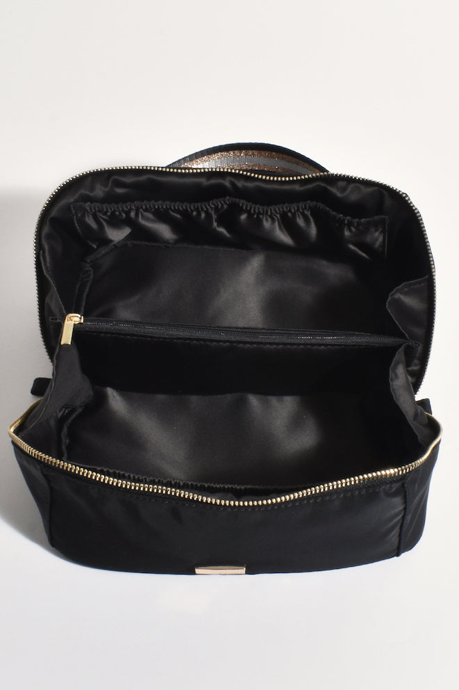 Adorne Toby Cube Makeup Bag — interior view of black cube makeup bag, practical and chic organisation