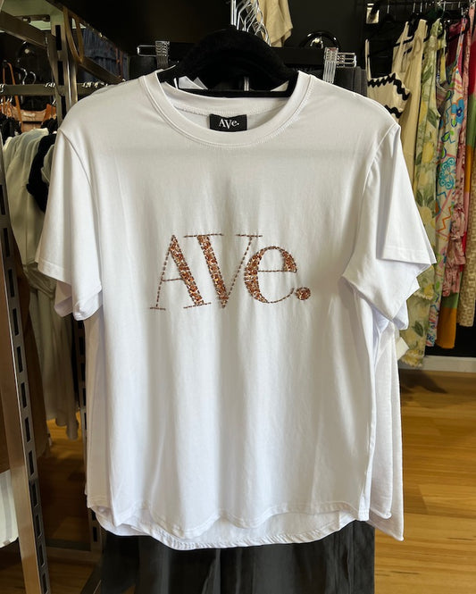 Ave Tee - White with Bronze Detail