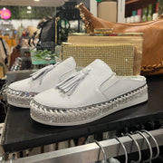White Leather Tassel Slides