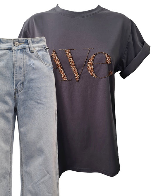 Ave Tee - Charcoal with Bronze Detail