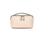 A oatmeal-colored makeup bag with a two-way zip closure, featuring a flat handle and gold hardware.