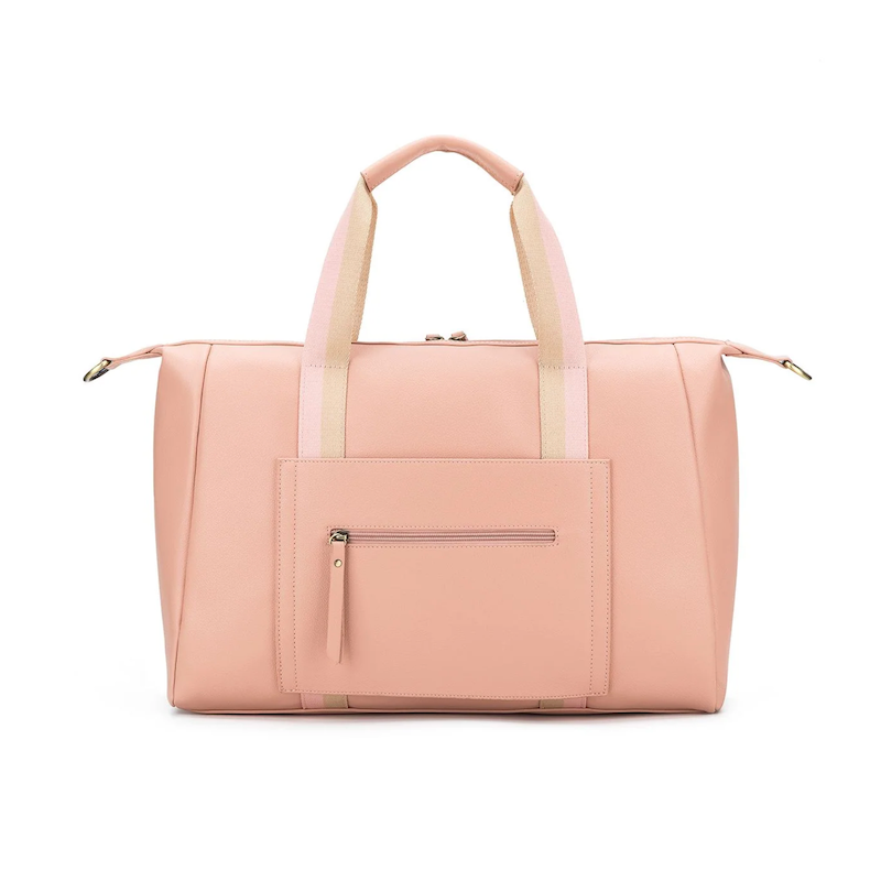 Pink duffel bag with a front pocket on a white background