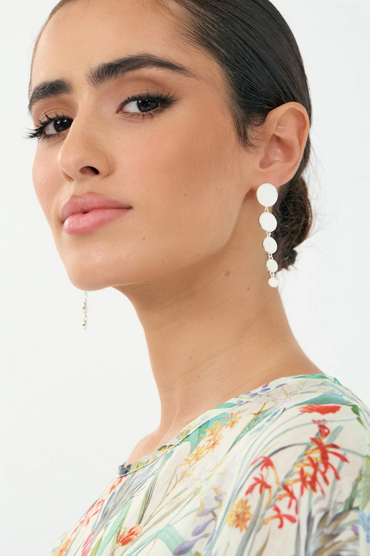 Woman wearing a floral dress with a close-up of her earrings on a white background
