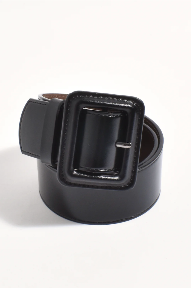 Black belt with a large square buckle on a white background