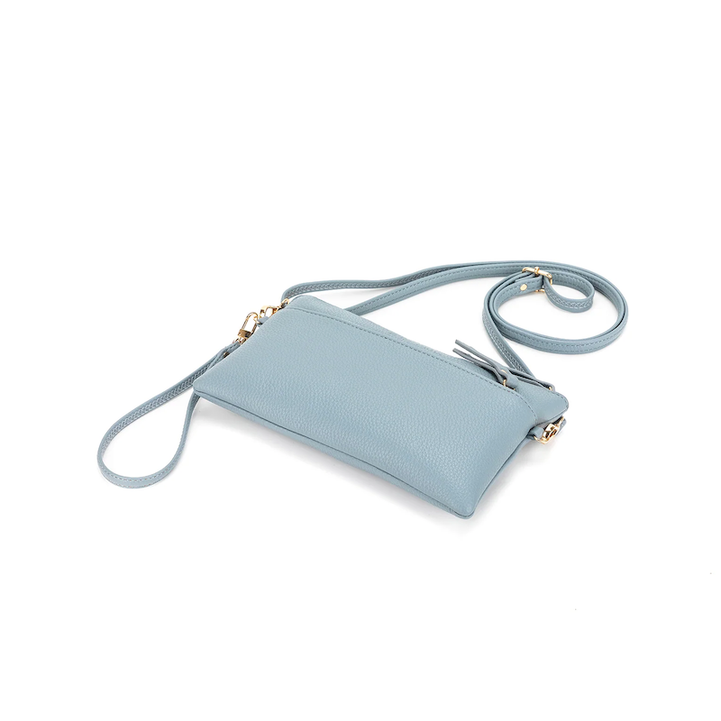 Light blue crossbody bag on a white background