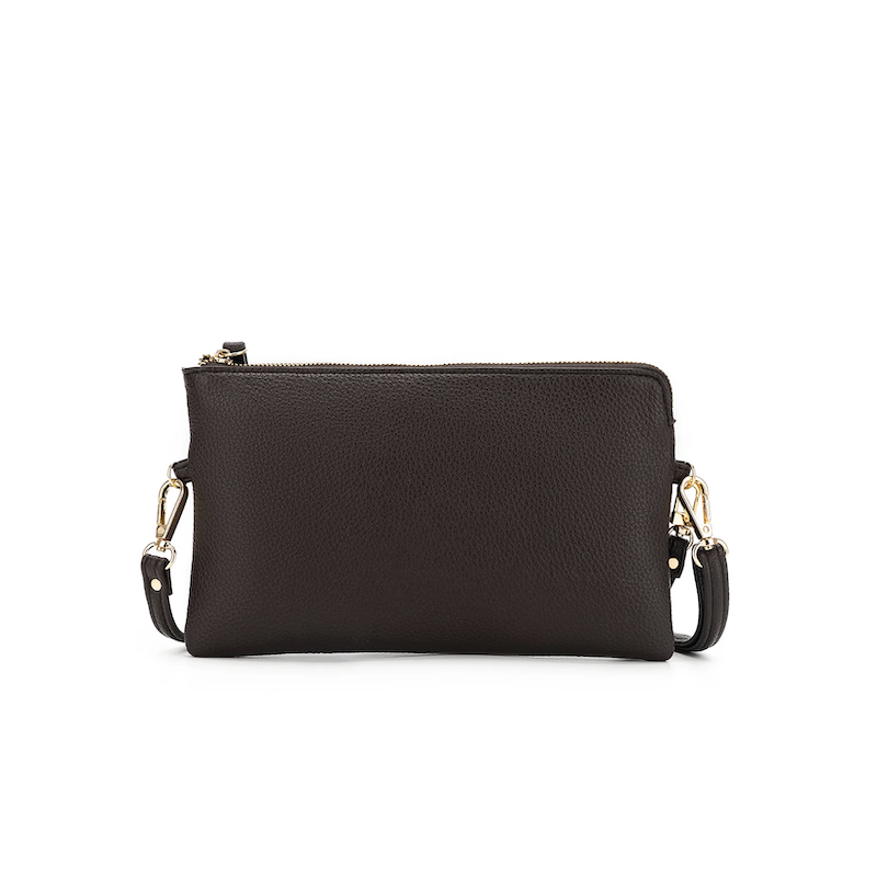 Black clutch bag with gold accents on a white background