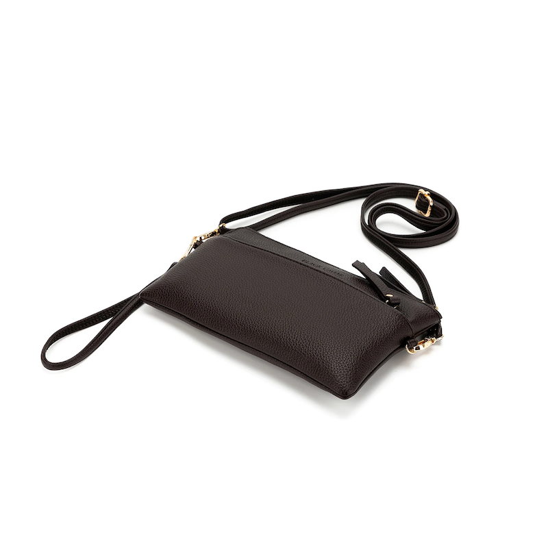 Black leather crossbody bag on a white background