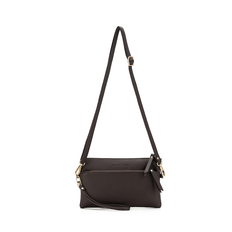 Black handbag with a strap on a white background