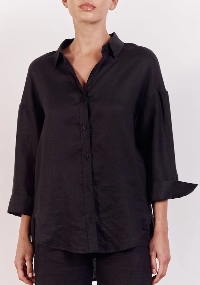 Little Lies Boyfriend Shirt in Black linen, front view showing the collar, button front and tab sleeves