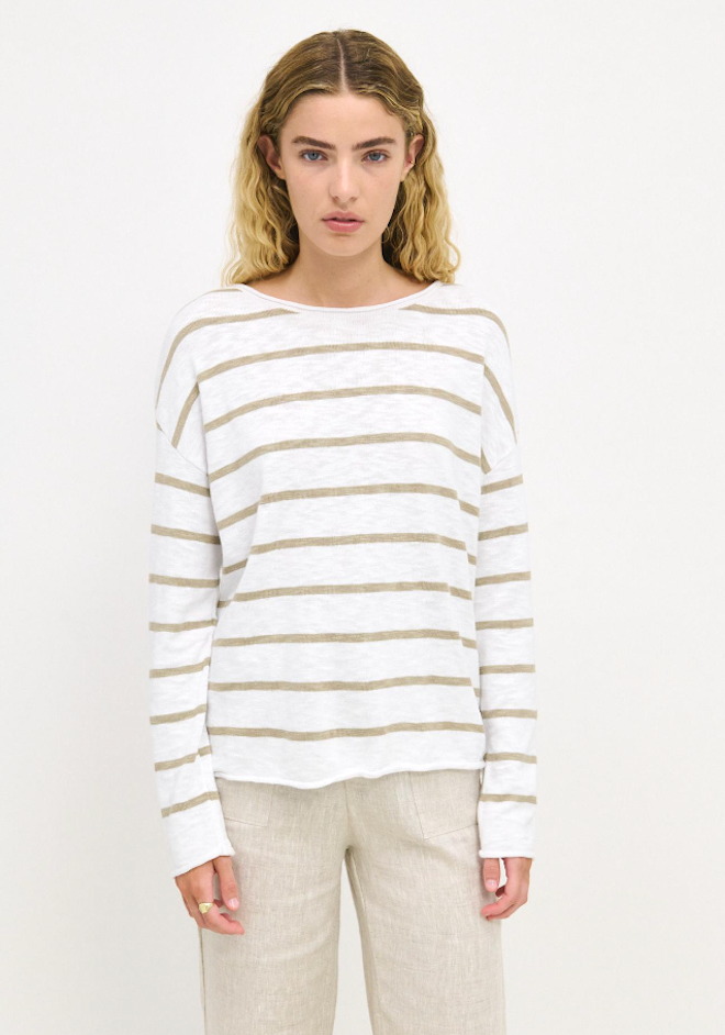 Minnie Top - White/Khaki Stripe