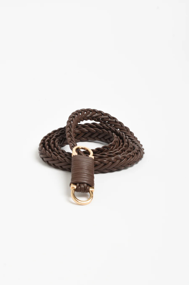 Brown braided leather belt with brass buckle on a white background