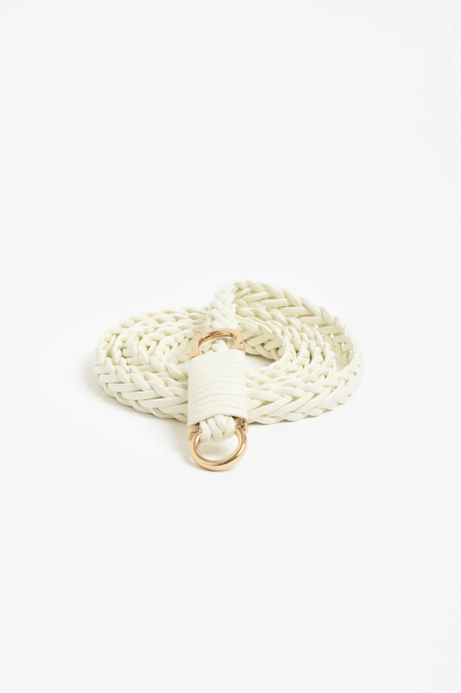 White braided belt with a gold buckle on a white background