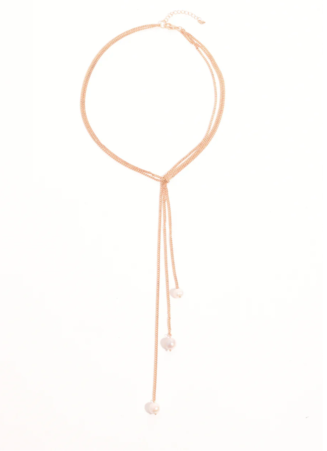 Knotted Y Drop Pearl Necklace - Gold