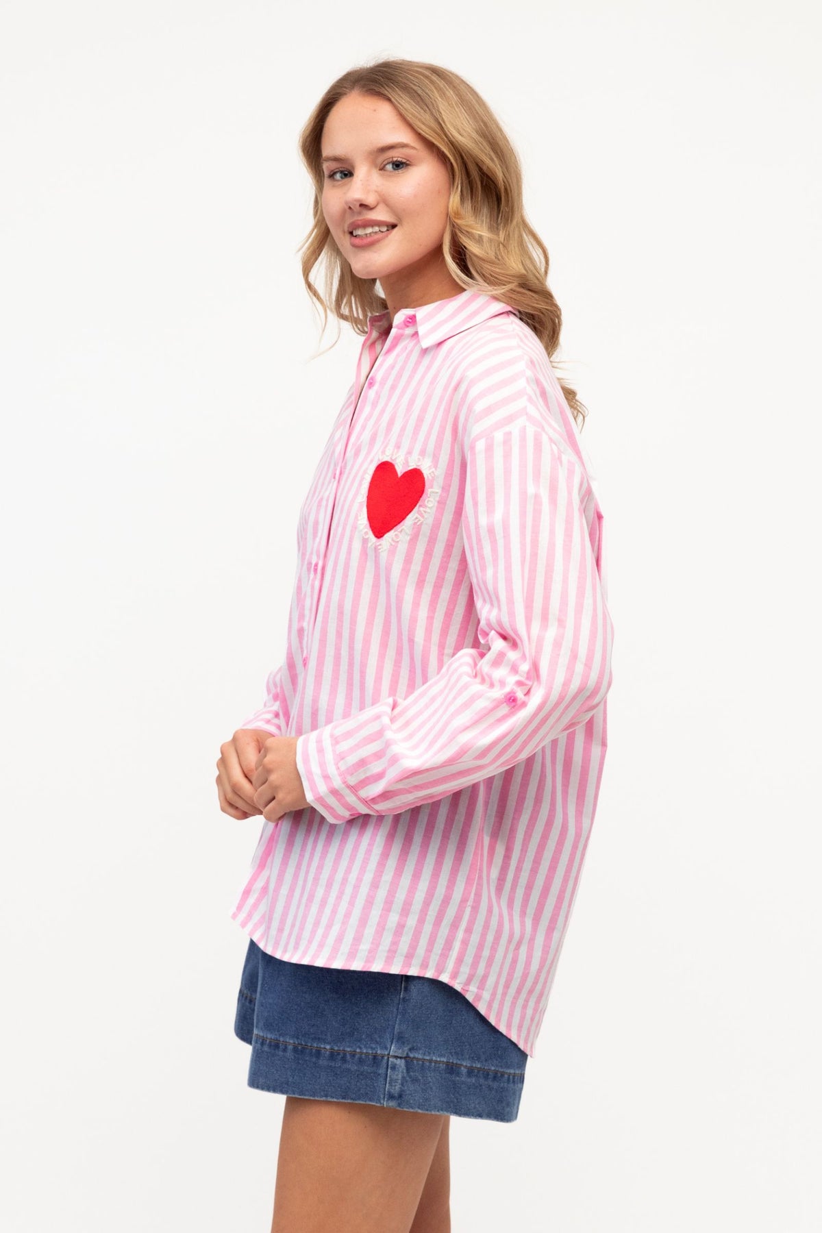 Label of Love Eloise Heart Shirt — side profile of the pink and white stripe cotton shirt with heart embroidery, shop in Australia at Kat and Ko Clothing