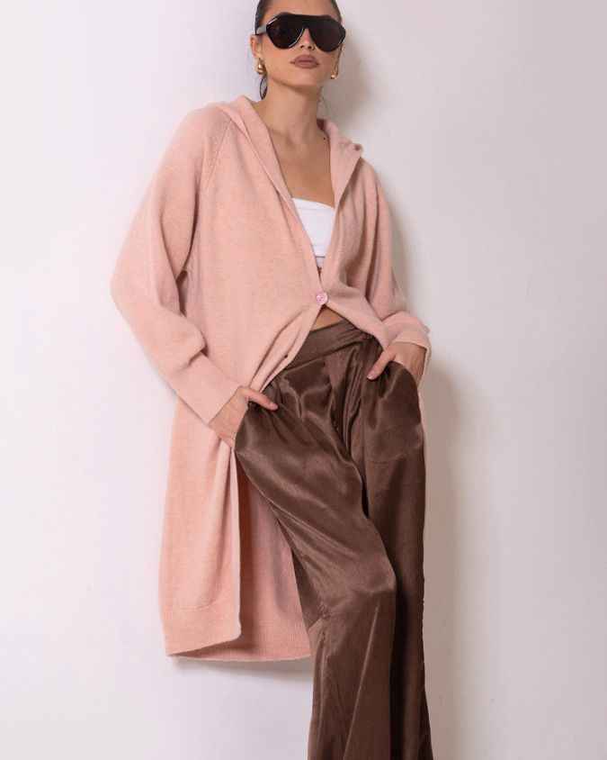 Rachel Hooded Cardi in Pink by Intruder — soft blush pink hooded cardigan with button-front and long sleeves, relaxed fit for cosy everyday layering