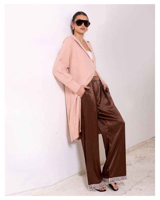 Intruder Rachel Hooded Cardi Pink — relaxed blush pink button-front cardi with hood, styled open over a tee and jeans for effortless casual wear