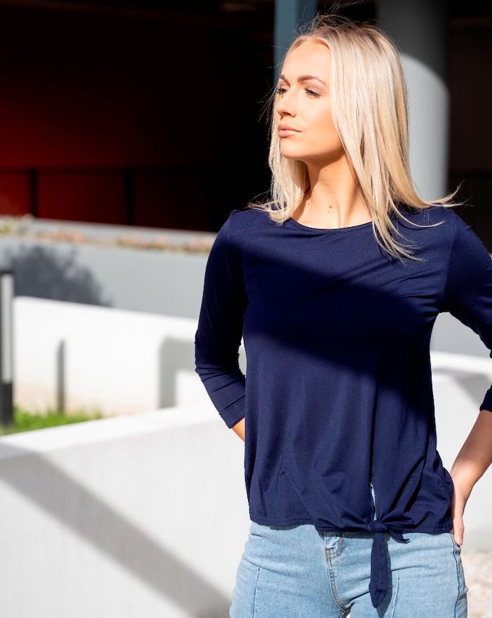 Tie Front 3/4 Sleeve Top - Navy