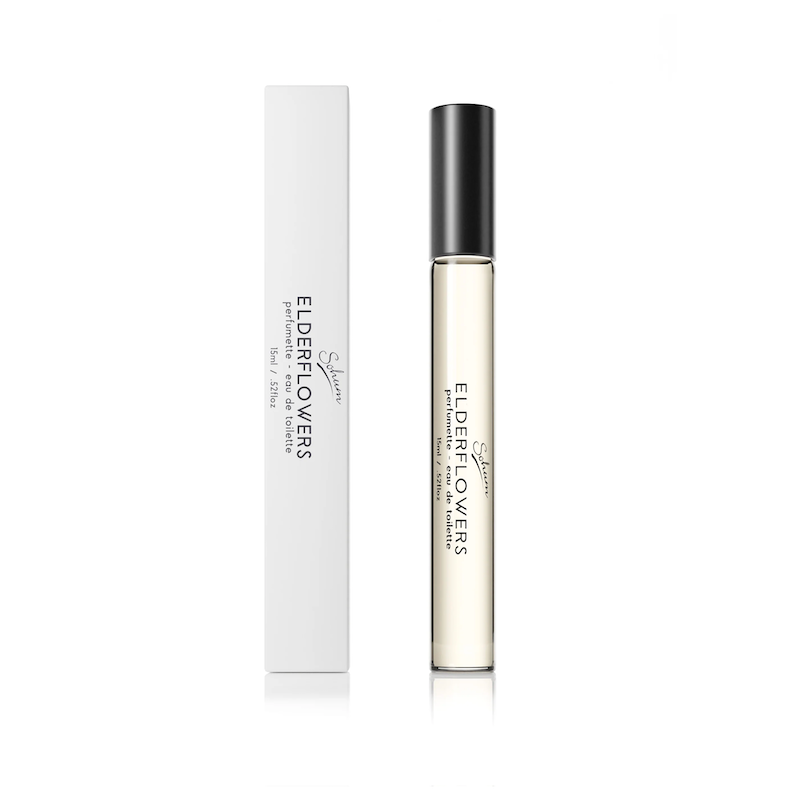 A perfumette bottle with a metal rollerball applicator, accompanied by its white box, displaying the product name 'Elderflower' and the brand 'Sohum'.
