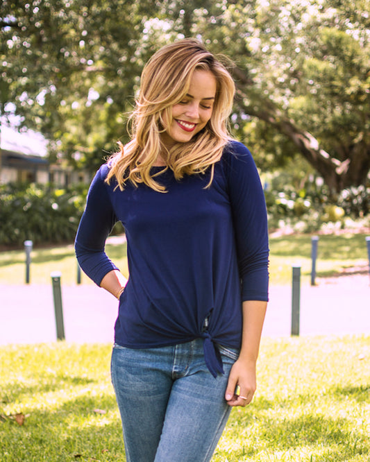 Tie Front 3/4 Sleeve Top - Navy