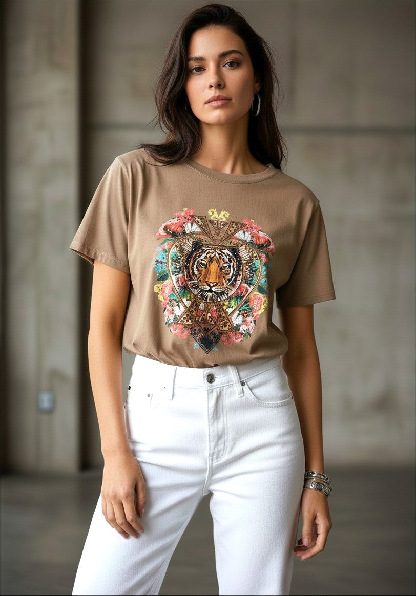 Kat and Ko Clothing Donatella chocolate brown t-shirt with a sparkling tiger graphic worn with white jeans.
