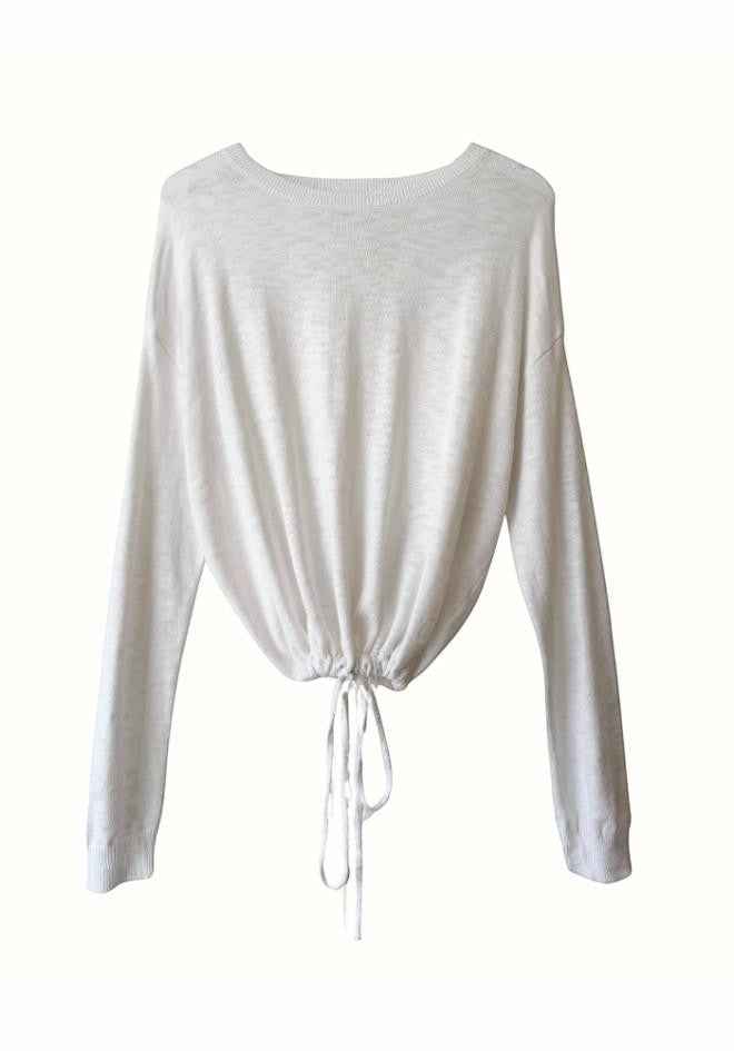 Hailey Drawstring Top in White by Little Lies — back view of the relaxed drawstring-hem knit top, available in Australia at Kat and Ko Clothing