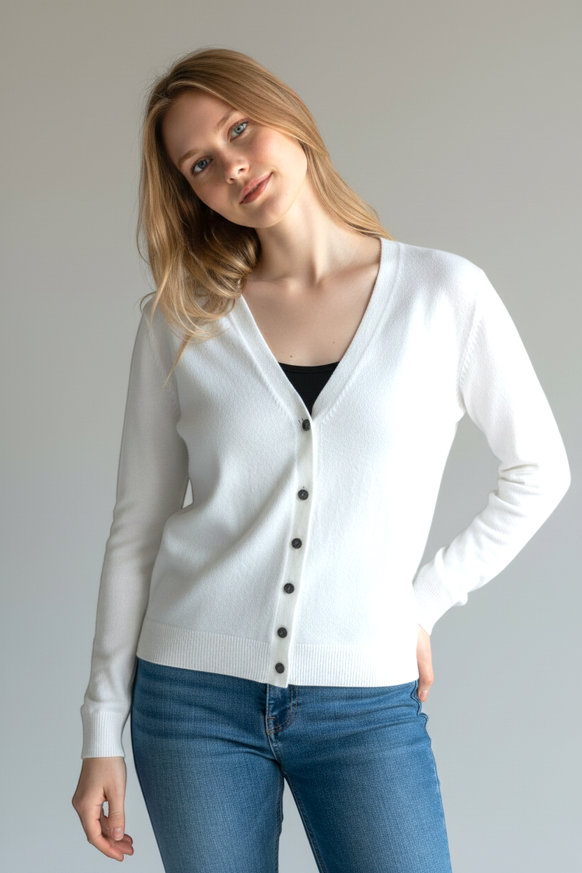 Model wearing a white Kat and Ko Clothing Caroline Cardi button-up cardigan with a V-neck and long sleeves.