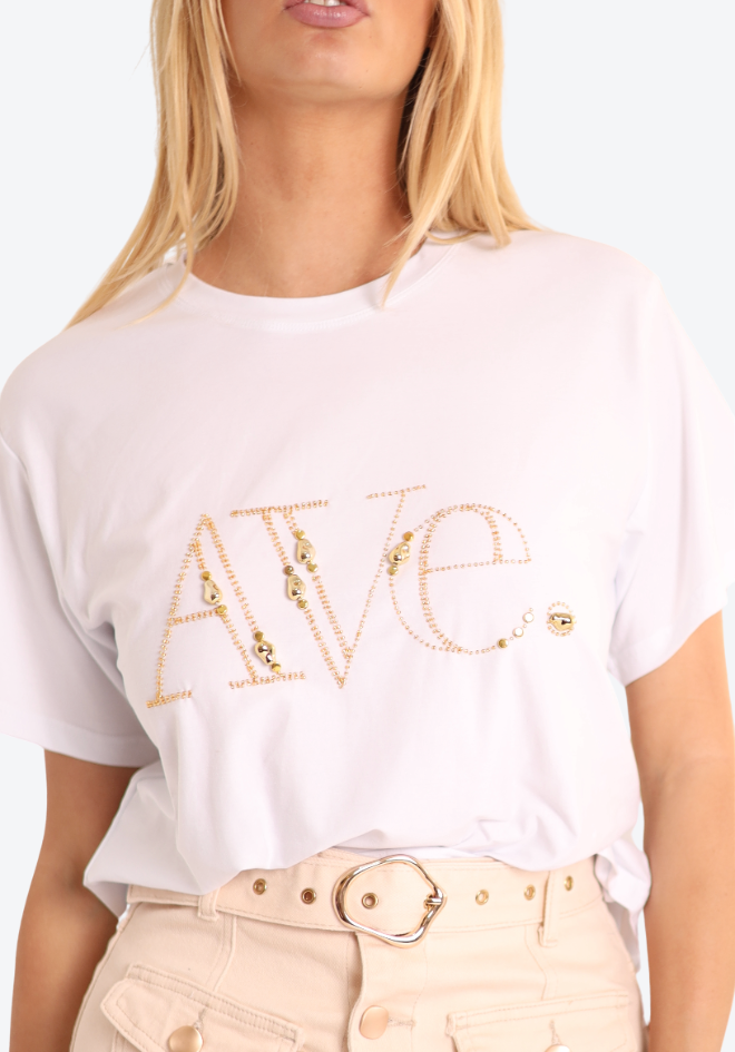 Gold Beaded Ave Tee - White